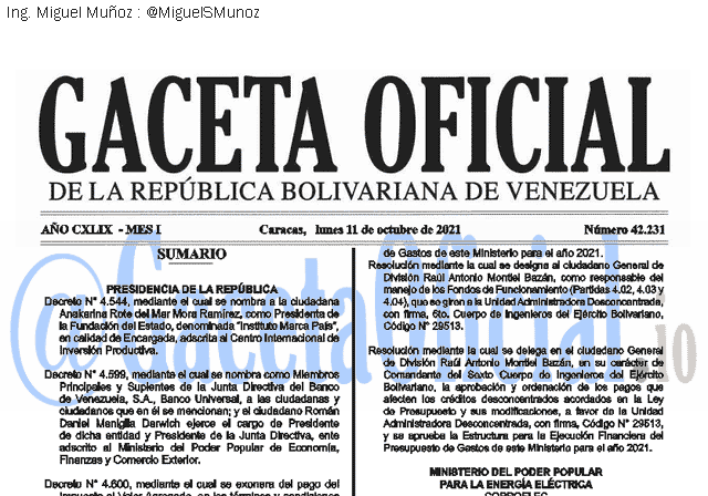 Gaceta Oficial 42231 del 11 octubre 2021