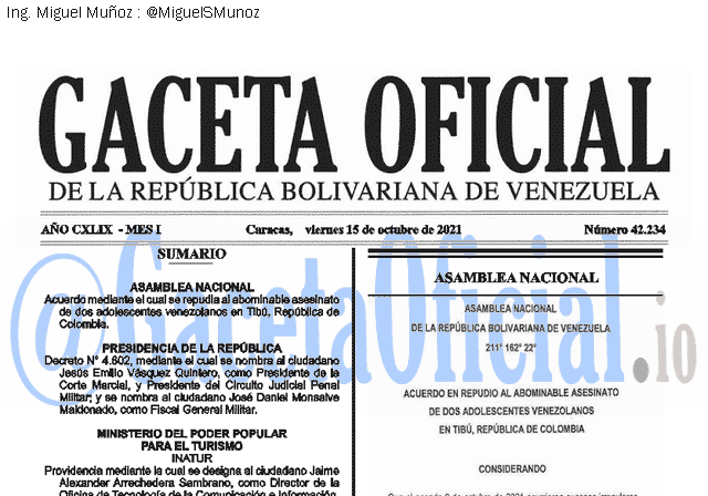 Gaceta Oficial 42234 del 15 octubre 2021 Gaceta Oficial 42234 del 15 octubre 2021