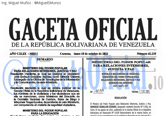 Gaceta Oficial 42235 del 18 octubre 2021 Gaceta Oficial 42235 del 18 octubre 2021