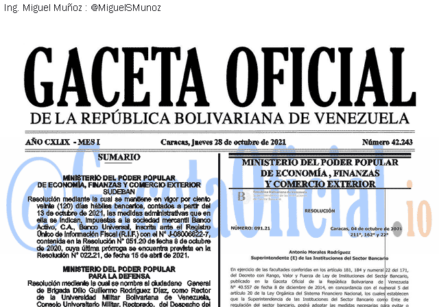 Gaceta Oficial 42243 del 28 octubre 2021 Gaceta Oficial 42243 del 28 octubre 2021
