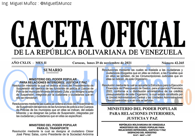 Gaceta Oficial 42265 del 29 noviembre 2021