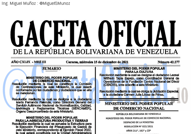 Gaceta Oficial 42277 del 15 diciembre 2021 Gaceta Oficial 42277 del 15 diciembre 2021