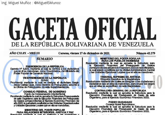 Gaceta Oficial 42279 del 17 diciembre 2021