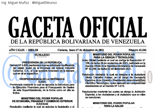Gaceta Oficial 42284 del 27 diciembre 2021 Gaceta Oficial 42284 del 27 diciembre 2021