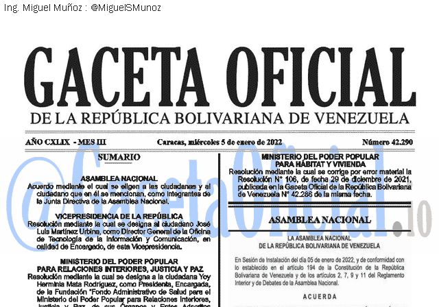 Gaceta Oficial 42290 del 5 enero 2022
