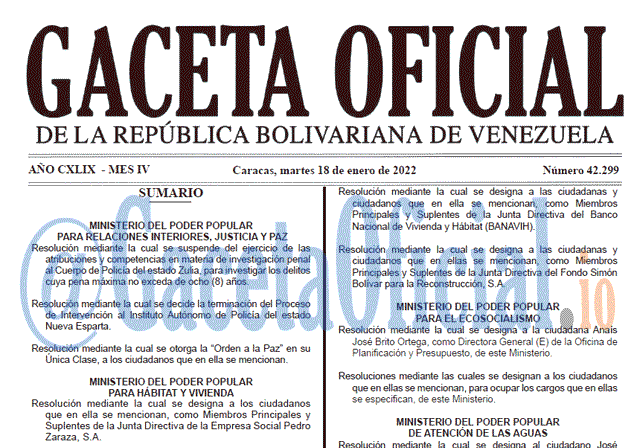 Gaceta Oficial 42299 del 18 enero 2022 Gaceta Oficial 42299 del 18 enero 2022