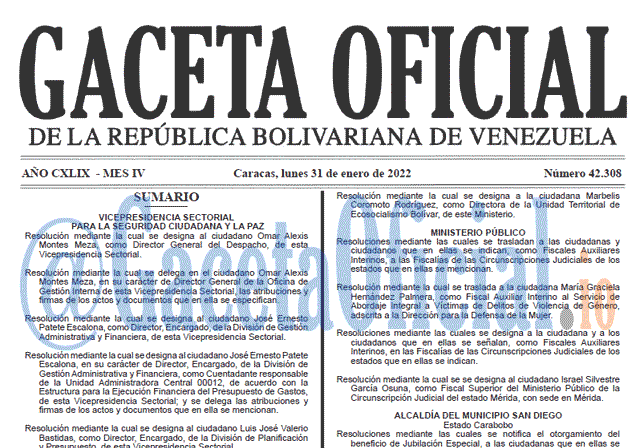 Gaceta Oficial 42308 del 31 enero 2022 Gaceta Oficial 42308 del 31 enero 2022