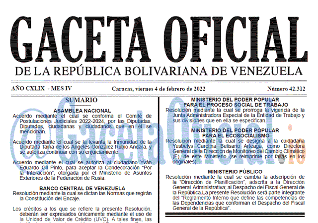 Gaceta Oficial 42312 del 4 febrero 2022 Gaceta Oficial 42312 del 4 febrero 2022