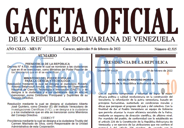 Gaceta Oficial 42315 del 9 febrero 2022