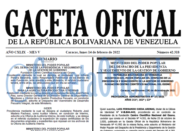 Gaceta Oficial 42318 del 14 febrero 2022 Gaceta Oficial 42318 del 14 febrero 2022