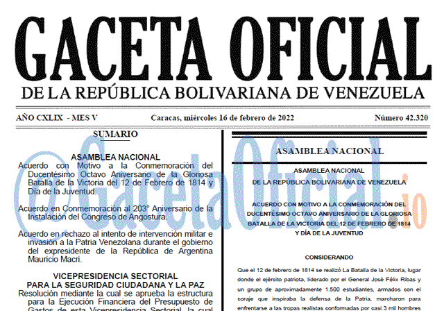 Gaceta Oficial 42320 del 16 febrero 2022 Gaceta Oficial 42320 del 16 febrero 2022