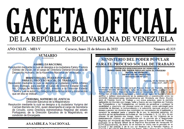 Gaceta Oficial 42323 del 21 febrero 2022 Gaceta Oficial 42323 del 21 febrero 2022
