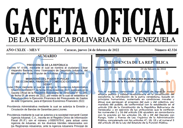 Gaceta Oficial 42326 del 24 febrero 2022 Gaceta Oficial 42326 del 24 febrero 2022