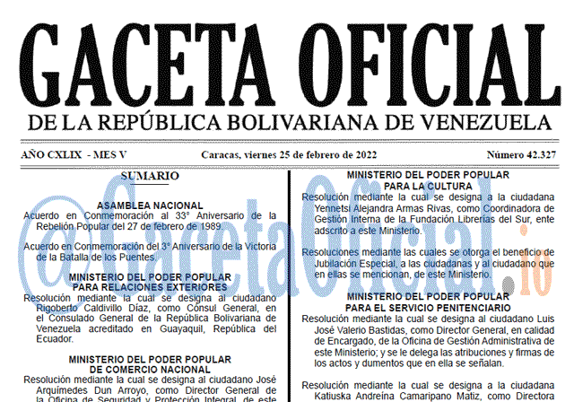 Gaceta Oficial 42327 del 25 febrero 2022 Gaceta Oficial 42327 del 25 febrero 2022