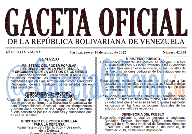 Gaceta Oficial 42334 del 10 marzo 2022 Gaceta Oficial 42334 del 10 marzo 2022