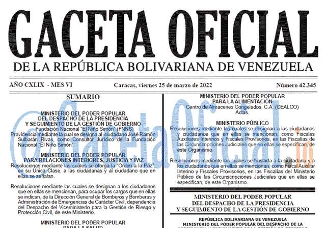 Gaceta Oficial 42345 del 25 marzo 2022 Gaceta Oficial 42345 del 25 marzo 2022