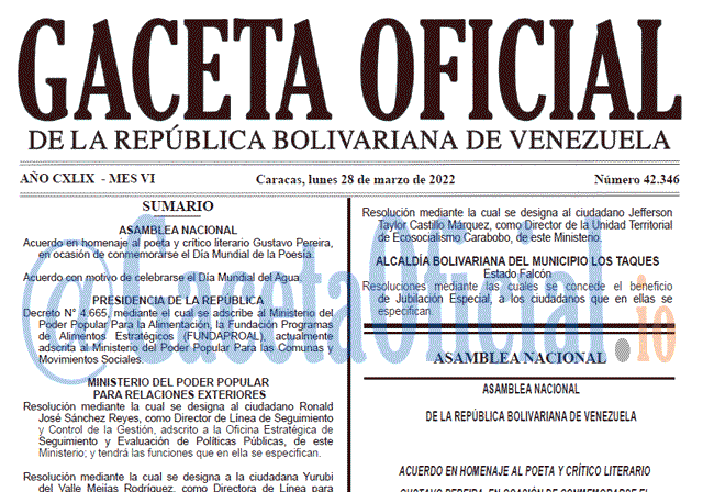 Gaceta Oficial 42346 del 28 marzo 2022
