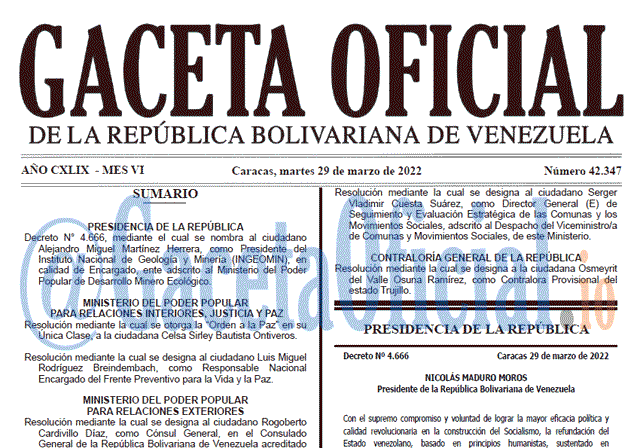 Gaceta Oficial 42347 del 29 marzo 2022 Gaceta Oficial 42347 del 29 marzo 2022