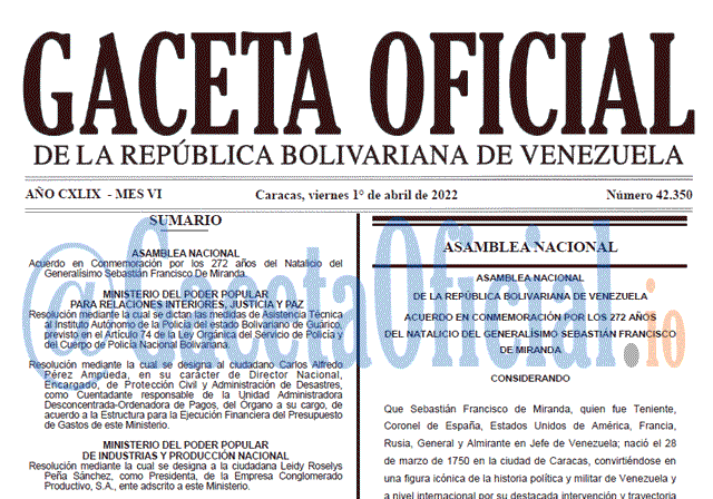 Gaceta Oficial 42350 del 1 abril 2022 Gaceta Oficial 42350 del 1 abril 2022