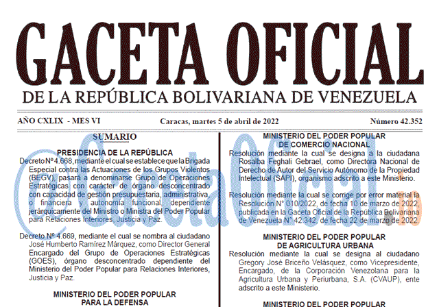 Gaceta Oficial 42352 del 5 abril 2022 Gaceta Oficial 42352 del 5 abril 2022