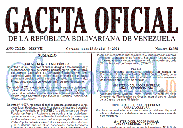 Venezuela Gaceta Oficial 42358 del 18 abril 2022 Venezuela Gaceta Oficial 42358 del 18 abril 2022