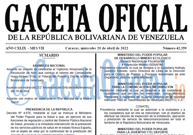 Venezuela Gaceta Oficial 42359 del 20 abril 2022 Venezuela Gaceta Oficial 42359 del 20 abril 2022