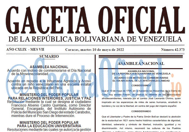 Venezuela Gaceta Oficial 42373 del 10 mayo 2022 Venezuela Gaceta Oficial 42373 del 10 mayo 2022