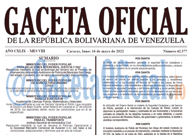 Venezuela Gaceta Oficial 42377 del 16 mayo 2022 Venezuela Gaceta Oficial 42377 del 16 mayo 2022