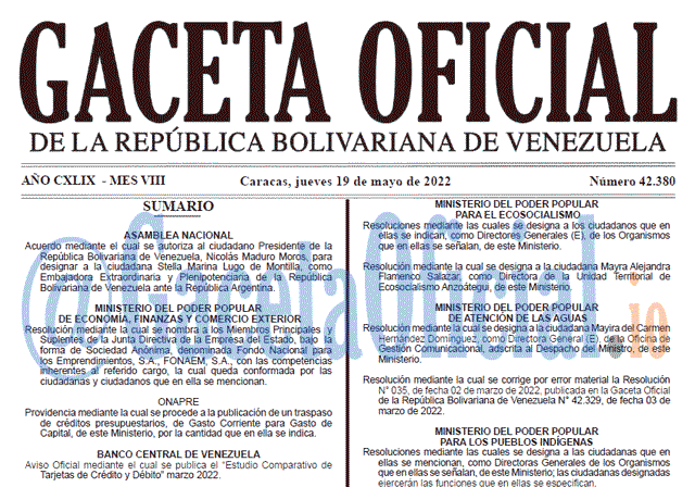 Venezuela Gaceta Oficial 42380 del 19 mayo 2022 Venezuela Gaceta Oficial 42380 del 19 mayo 2022
