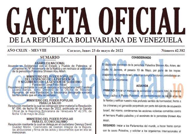 Venezuela Gaceta Oficial 42382 del 23 mayo 2022
