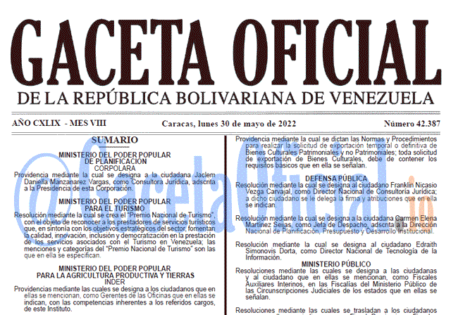 Venezuela Gaceta Oficial 42387 del 30 mayo 2022 Venezuela Gaceta Oficial 42387 del 30 mayo 2022