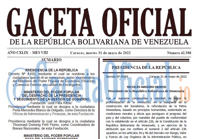 Venezuela Gaceta Oficial 42388 del 31 mayo 2022