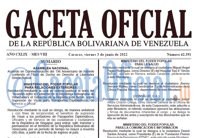 Venezuela Gaceta Oficial 42391 del 3 junio 2022 Venezuela Gaceta Oficial 42391 del 3 junio 2022