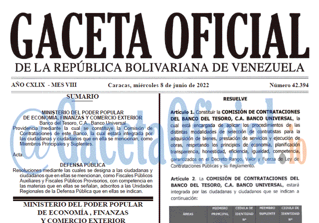 Venezuela Gaceta Oficial 42394 del 8 junio 2022