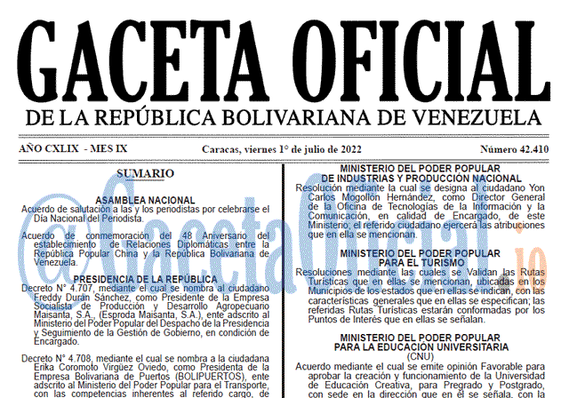 Venezuela Gaceta Oficial 42410 del 1 julio 2022