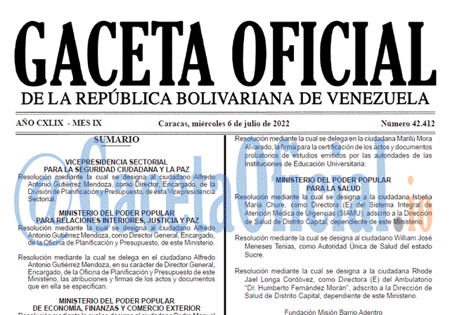 Venezuela Gaceta Oficial 42412 del 6 julio 2022 Venezuela Gaceta Oficial 42412 del 6 julio 2022