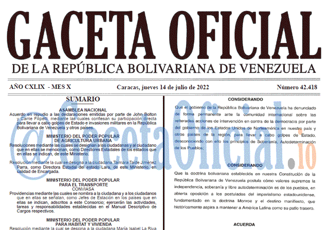 Venezuela Gaceta Oficial 42418 del 14 julio 2022 Venezuela Gaceta Oficial 42418 del 14 julio 2022