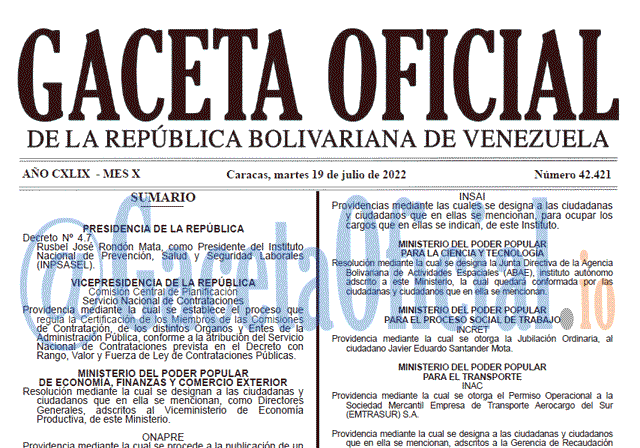 Venezuela Gaceta Oficial 42421 del 19 julio 2022 Venezuela Gaceta Oficial 42421 del 19 julio 2022