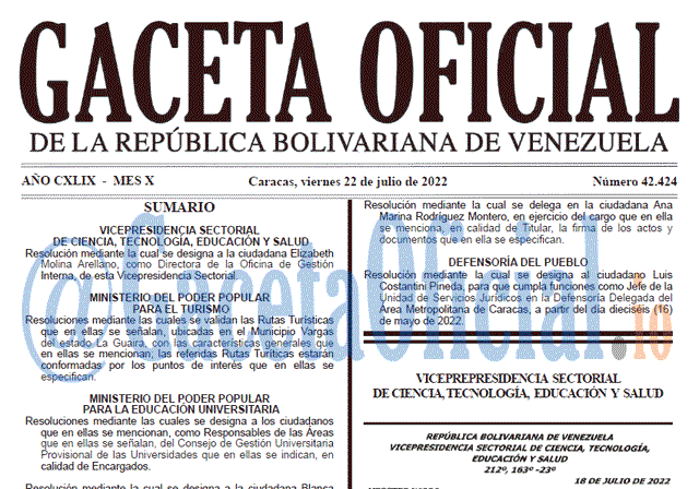 Venezuela Gaceta Oficial 42424 del 22 julio 2022 Venezuela Gaceta Oficial 42424 del 22 julio 2022