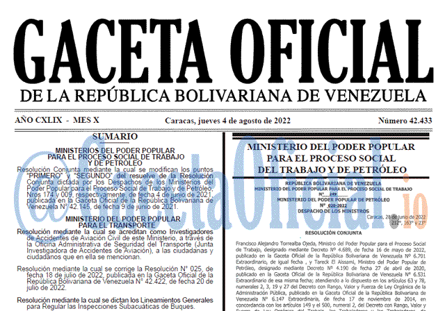 Venezuela Gaceta Oficial 42433 del 4 agosto 2022