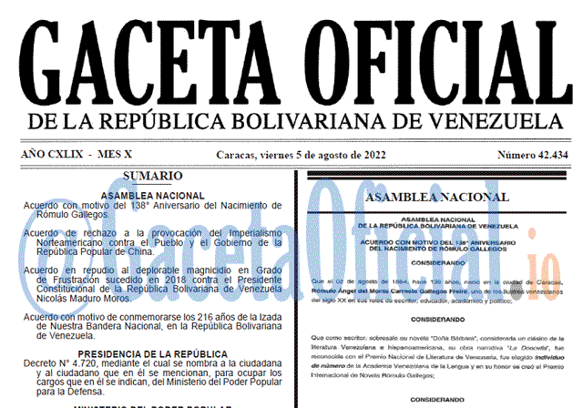 Venezuela Gaceta Oficial 42434 del 5 agosto 2022