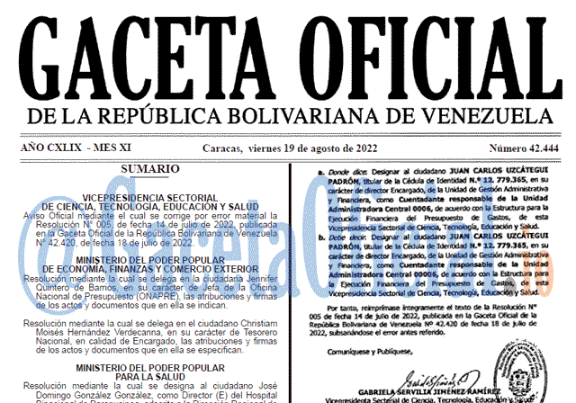 Venezuela Gaceta Oficial 42444 del 19 agosto 2022