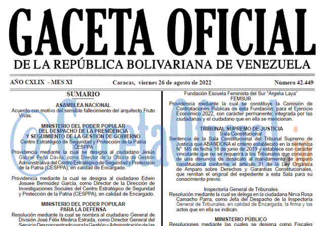 Venezuela Gaceta Oficial 42449 del 26 agosto 2022 Venezuela Gaceta Oficial 42449 del 26 agosto 2022