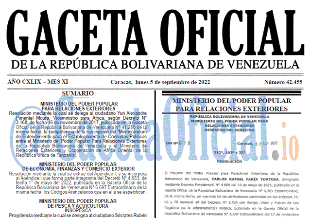 Venezuela Gaceta Oficial 42455 del 5 septiembre 2022 Venezuela Gaceta Oficial 42455 del 5 septiembre 2022