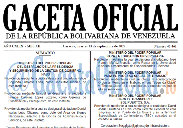 Venezuela Gaceta Oficial 42461 del 13 septiembre 2022