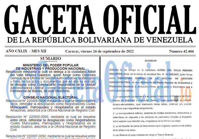 Venezuela Gaceta Oficial 42464 del 16 septiembre 2022
