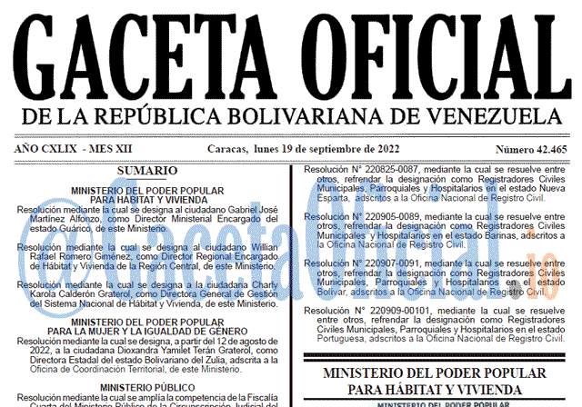 Venezuela Gaceta Oficial 42465 del 19 septiembre 2022