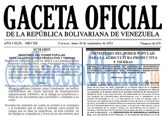 Venezuela Gaceta Oficial 42470 del 26 septiembre 2022 Venezuela Gaceta Oficial 42470 del 26 septiembre 2022