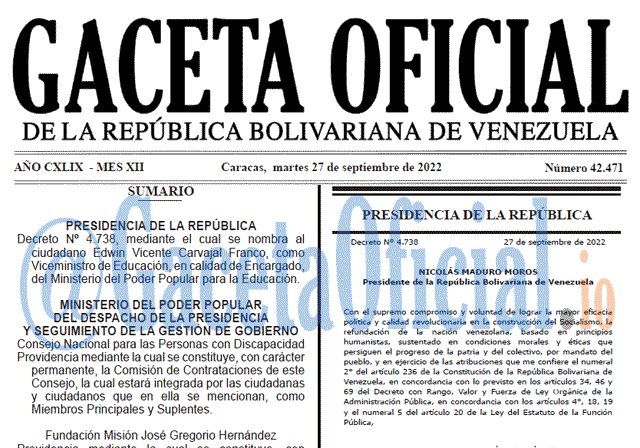 Venezuela Gaceta Oficial 42471 del 27 septiembre 2022 Venezuela Gaceta Oficial 42471 del 27 septiembre 2022