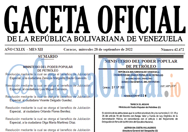 Venezuela Gaceta Oficial 42472 del 28 septiembre 2022